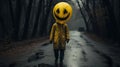 Eerie Man With Yellow Smiley Head Walking Alone In Rainy Forest