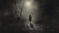 Eerie Monochromatic Realism A Girl\'s Haunting Journey Through The Moonlit Woods