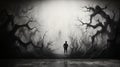 Eerie Monochrome Mural: Man Walking Through Haunted Forest
