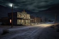 eerie moonlit landscape of a ghost town