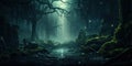 An eerie and mysterious forest in a parallel universe where the laws of nature differ from our own. Concept of