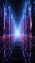 Eerie neon-lit passage extends ahead, culminating in a radiant square of brilliance.