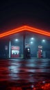 Eerie nocturnal ambiance 3D rendering illustrates gas station in fog Royalty Free Stock Photo