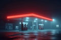 Eerie nocturnal ambiance 3D rendering illustrates gas station in fog Royalty Free Stock Photo