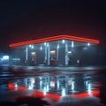 Eerie nocturnal ambiance 3D rendering illustrates gas station in fog Royalty Free Stock Photo