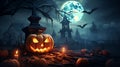 Jack \'O Lantern In Cemetery In Spooky Night With Full Moon