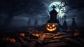 Jack \'O Lantern In Cemetery In Spooky Night With Full Moon