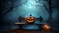 One spooky halloween pumpkin blank template on a wooden bench