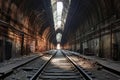 eerie perspective of a long, empty subway tunnel