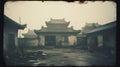 Eerie Polaroid Old Chinese Pagoda On Foggy Day