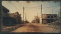 Eerie Polaroid Urban Street With Destroyed Buildings In Light Amber And Cyan