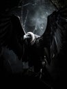 An eerie presence creeps through the dark with a chilling screech its wings spread wide like a vulture. Gothic art. AI