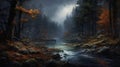 Eerie Realistic Painting: Stream Near Dark Forest