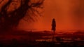 Eerie Red Fog Ghostly Woman In Red Dress Walking Through Apocalypse Landscape