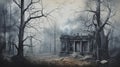 Eerie Ruined House In Misty Forest: Dark Panoramic Oil Painting Royalty Free Stock Photo