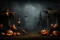 Eerie scene haunted house, cobwebs, pumpkins, and room for text