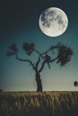 Eerie scenery of a silhouette of a man on a tree with the full moon in the dark sky