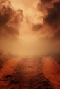 eerie sepia brown colored vast landscape. farm ranch empty dirt road. Farm sunset path. Foggy, misty. Fantasy rural path. Royalty Free Stock Photo