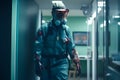 an eerie sight in the biolab, a man in a protective suit traces of a zombie attack. AI Generated. Royalty Free Stock Photo