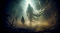eerie silhouette of a ghost in a dark forest Royalty Free Stock Photo