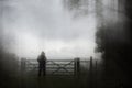 An eerie silhouette of a lone hooded figure by a gate surrounded by trees. With a dark, spooky blurred abstract, grunge effect edi