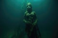 eerie silhouette of a statue in a murky underwater setting