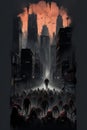 Silhouette zombies walking on ruins city background illustration