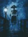 Eerie skeleton pirate on haunted ship deck in misty night atmosphere Royalty Free Stock Photo