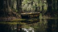 Eerie Southern Gothic-inspired Portrait Of An Abandoned Wooden Boat In A Swamp