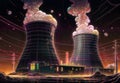 Cooling towers of nuclear power plant with smoke in space illustration, generative ai Royalty Free Stock Photo