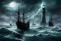 Eerie, spectral ships sailing through a sea of mist towards a ghostly lighthouse on a stormy night Royalty Free Stock Photo