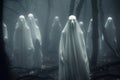 Eerie undead beings in white veils wandering through a fog-shrouded nocturnal forest. Generative AI