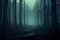 Eerie vision 3D rendering of a mist covered forest, creepy concept