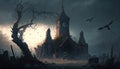 An eerie wind whistles through a desolate graveyard of forgotten souls. Fantasy art. AI generation
