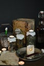 Eerie witches` kitchen with ingredients for love potion for Halloween