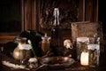 Eerie witches` kitchen with ingredients for love potion for Halloween