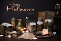 Eerie witches` kitchen with ingredients for love potion for Halloween