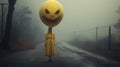 Eerie Woman With Balloon: Dark Yellow And Gray Haunting Imagery