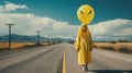 Eerie Woman In Yellow With Smiley Balloon On Roadside