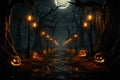 Eerily lit 3D forest Halloween pumpkins create a haunting atmosphere