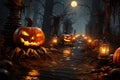 Eerily lit 3D forest Halloween pumpkins create a haunting atmosphere