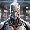 Terminator-like AI artificial intelligence robot android looking into the future