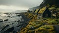 Eerily Realistic Black Cottages Near Small Ocean - Bucolic Coastal Landscapes