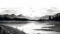 Eerily Realistic Black And White Landscape Illustration With Mountains And Birds Royalty Free Stock Photo