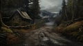 Eerily Realistic Cabincore: Dark Foggy Clouds Over A Dirt Road