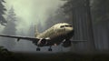 Eerily Realistic Commercial Jet Flying Through Foggy Forest