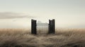 Eerily Realistic Gate In Surreal Field Of Dry Grass