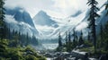 Eerily Realistic Landscape Painting: Mountain In Forest With Glacier And Rainy Weather