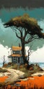 Eerily Realistic Painting Of Old House And Large Tree Royalty Free Stock Photo