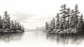 Eerily Realistic Pencil Drawing Of Pine Trees By A Lake Royalty Free Stock Photo